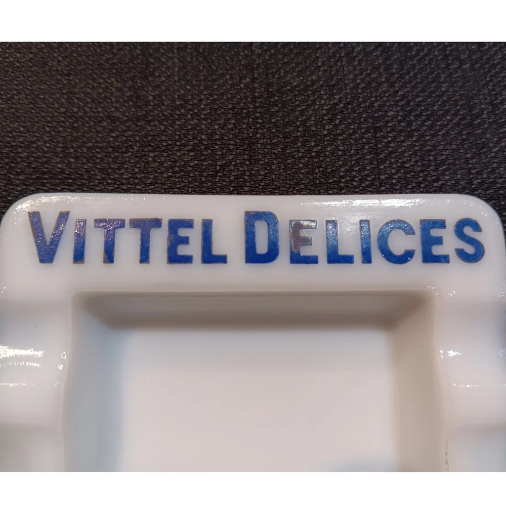 Vintage Vittel Delices French Opaline Milk Glass Ashtray White Blue Advertising - Picture 6 of 7